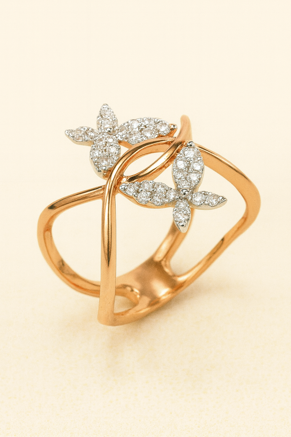 Eveline Elegant 18K Rose gold Diamond Encrusted Two - Butterfly Gold Ring