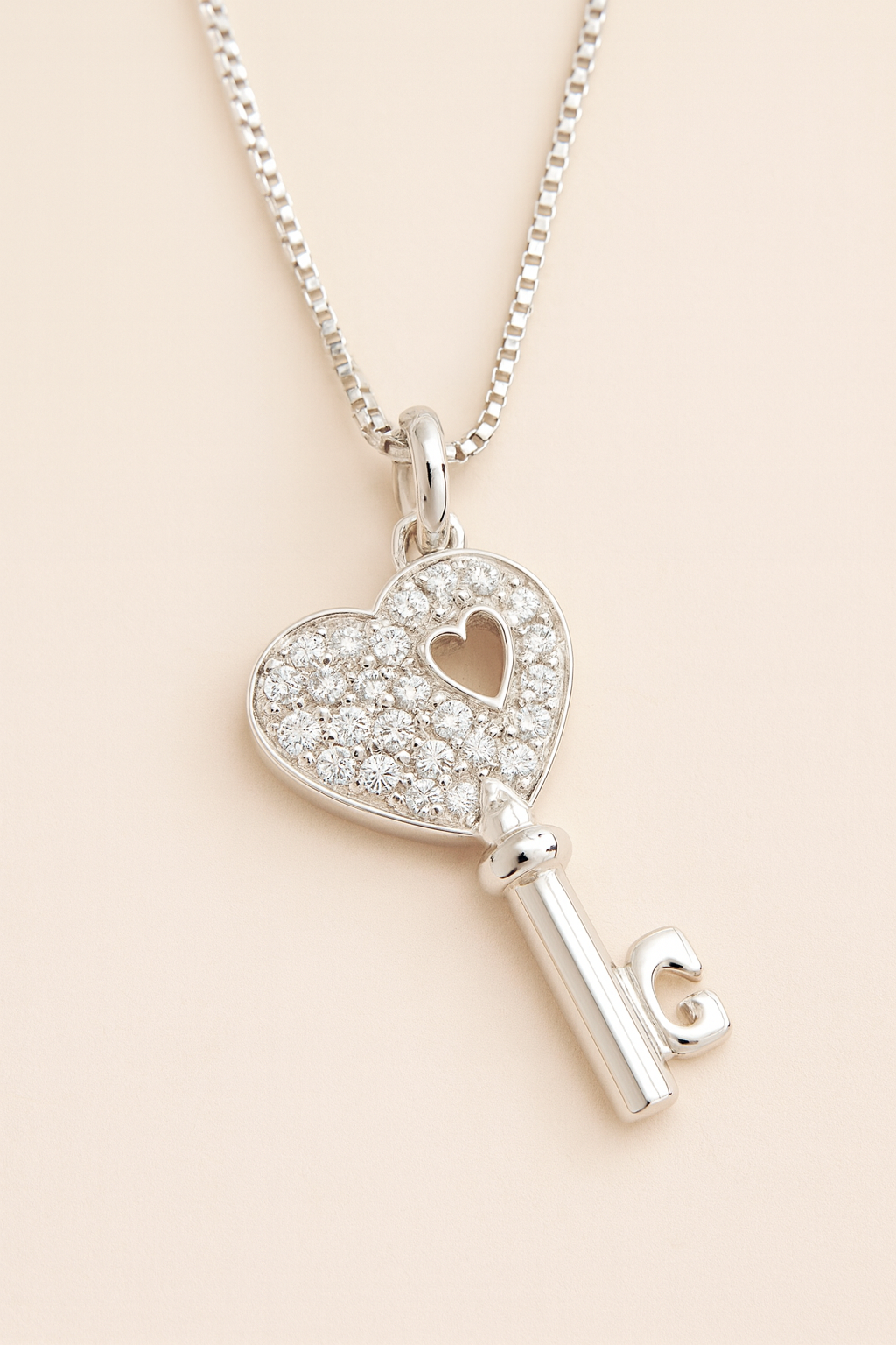 Portia Key-Shaped Diamond Encrusted Pendant in 18K White Gold