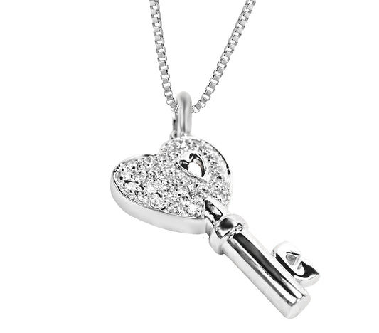 Portia Key-Shaped Diamond Encrusted Pendant in 18K White Gold