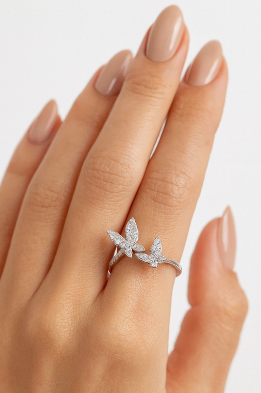 Celestine 18K White Gold Diamond Encrusted Two - Butterfly Ring