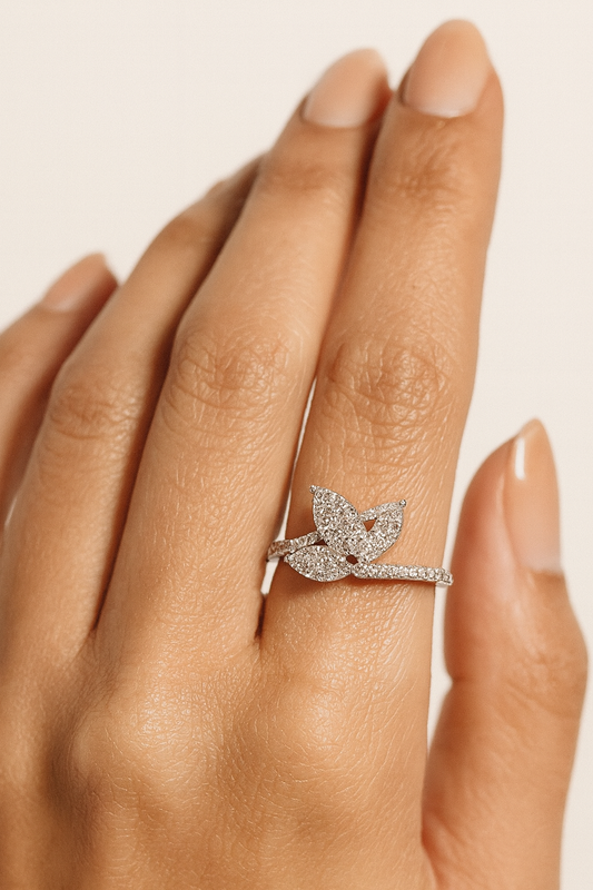 Daphne Triple Leaf 18K White Gold Diamond Encrusted Ring