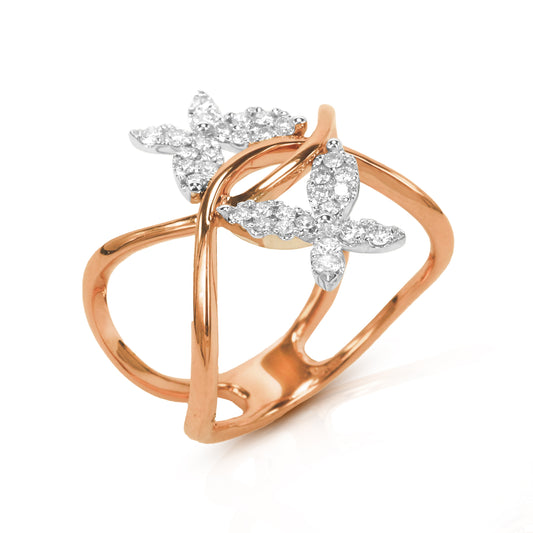 Eveline Elegant 18K Rose gold Diamond Encrusted Two - Butterfly Gold Ring