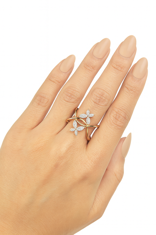 Eveline Elegant 18K Rose gold Diamond Encrusted Two - Butterfly Gold Ring