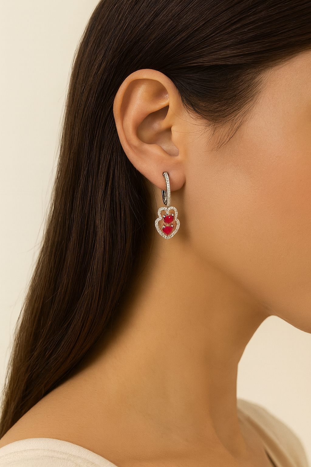 Marcelline Double Heart Ruby Diamond Earrings